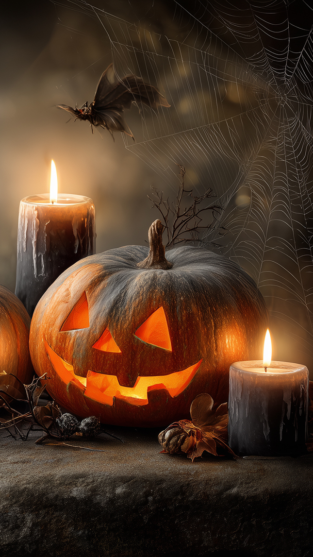 Pajęczyna nad świecącą dynią obok dwóch zapalonych świec