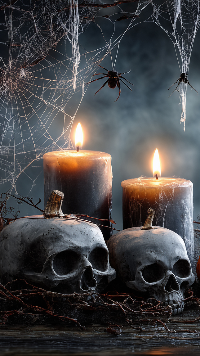 Pajęczyna z pająkami nad czaszkami i dwoma zapalonymi świecami