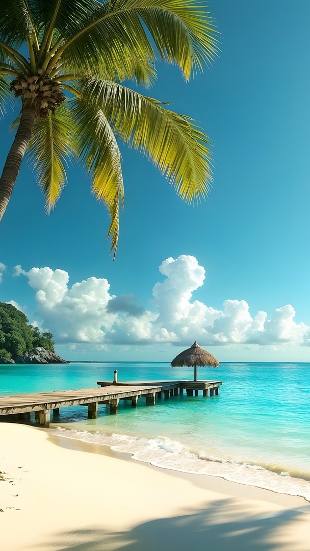 Palma na plaży i pomost nad morzem