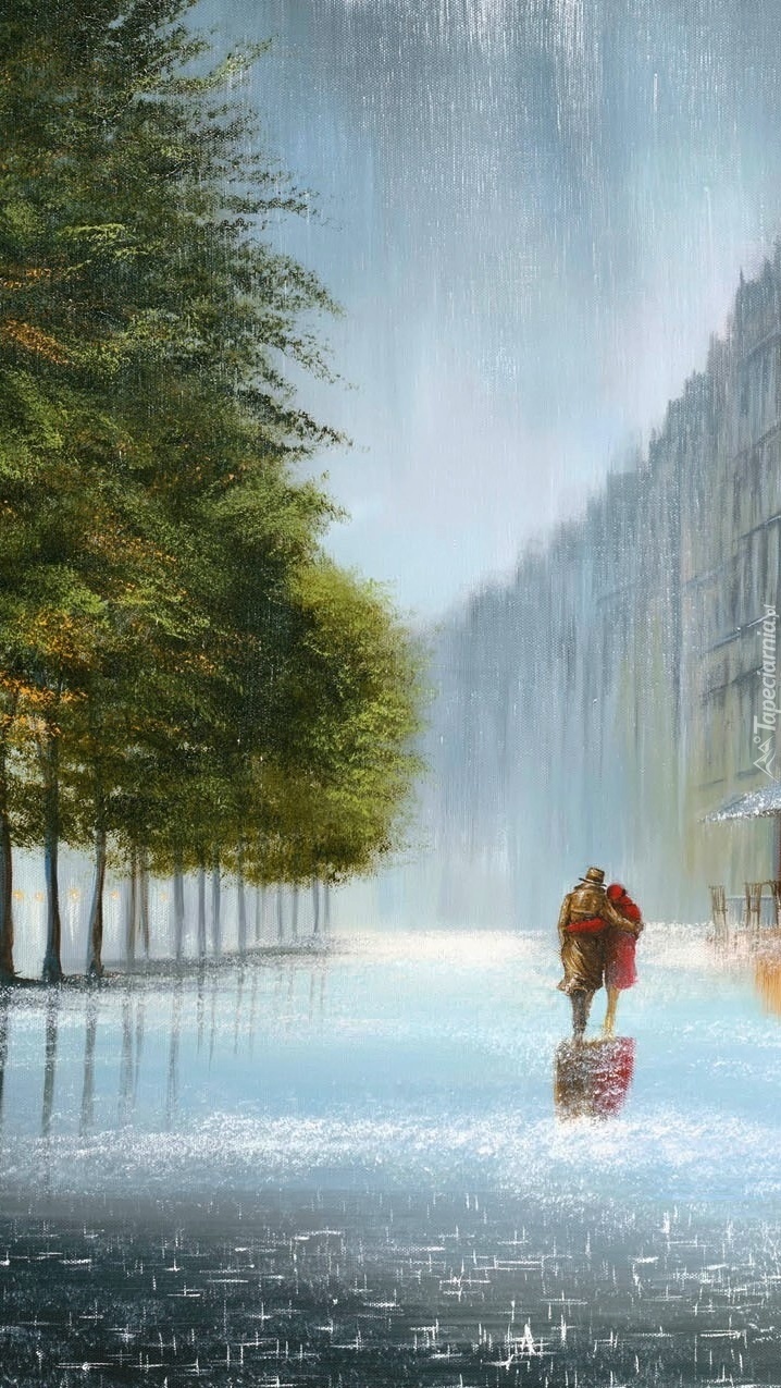 Para w objęciach na deszczowej ulicy