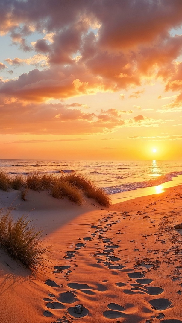 Piaszczysta plaża i wydmy w blasku zachodzącego słońca nad morzem