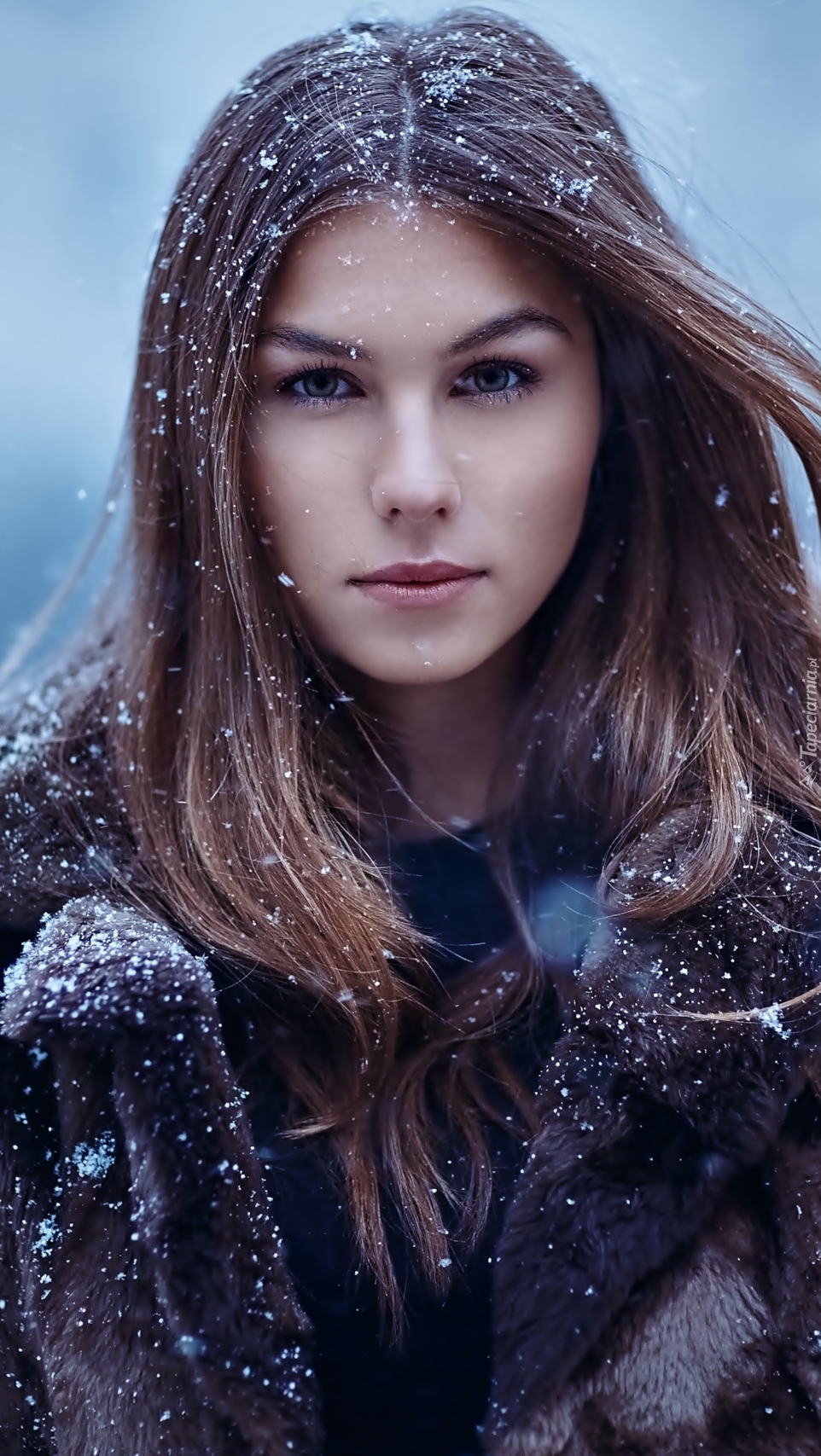 Piękna kobieta upudrowana płatkami śniegu