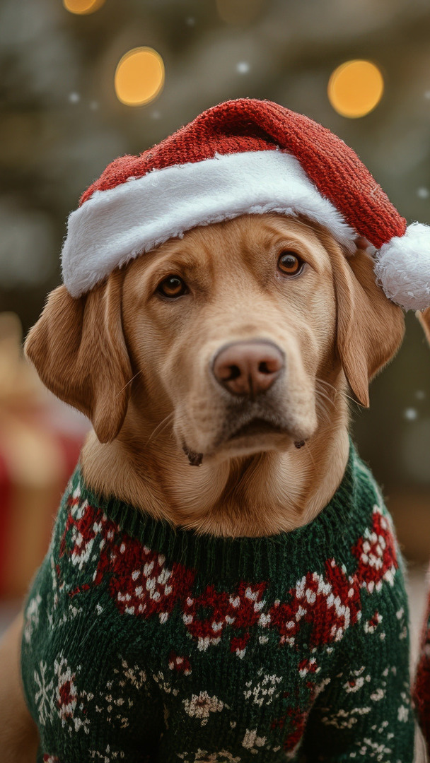 Pies w czapce Mikołaja i swetrze