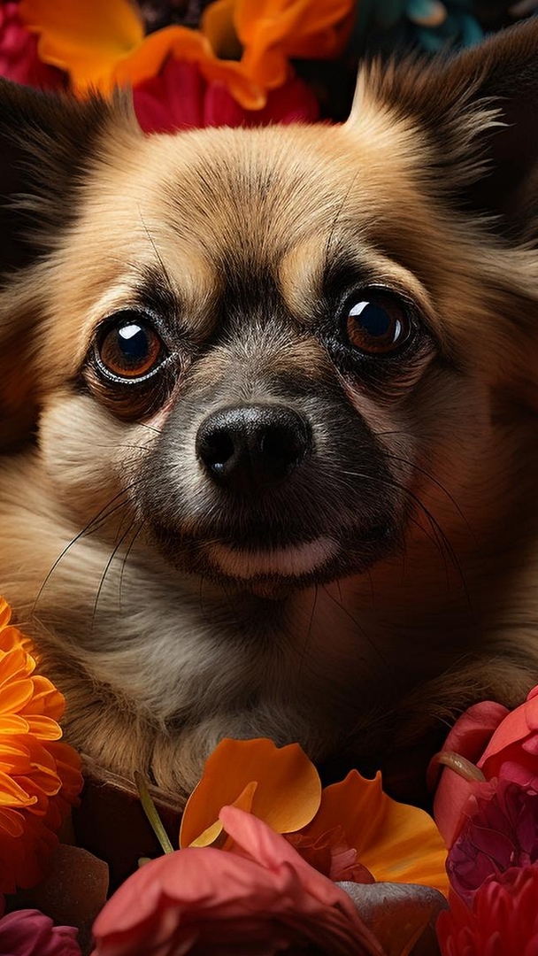 Pies wśród kwiatów