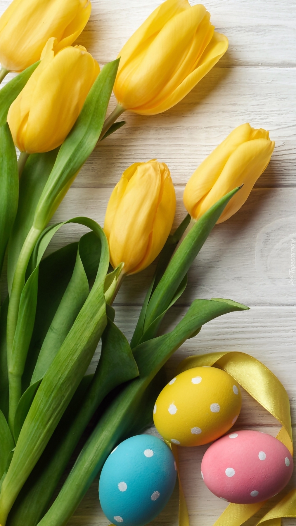Pisanki obok żółtych tulipanów