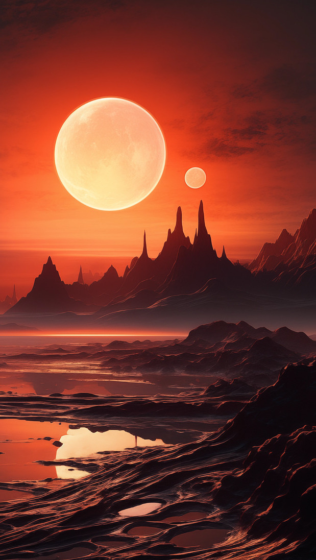 Planety ponad górami w grafice fantasy