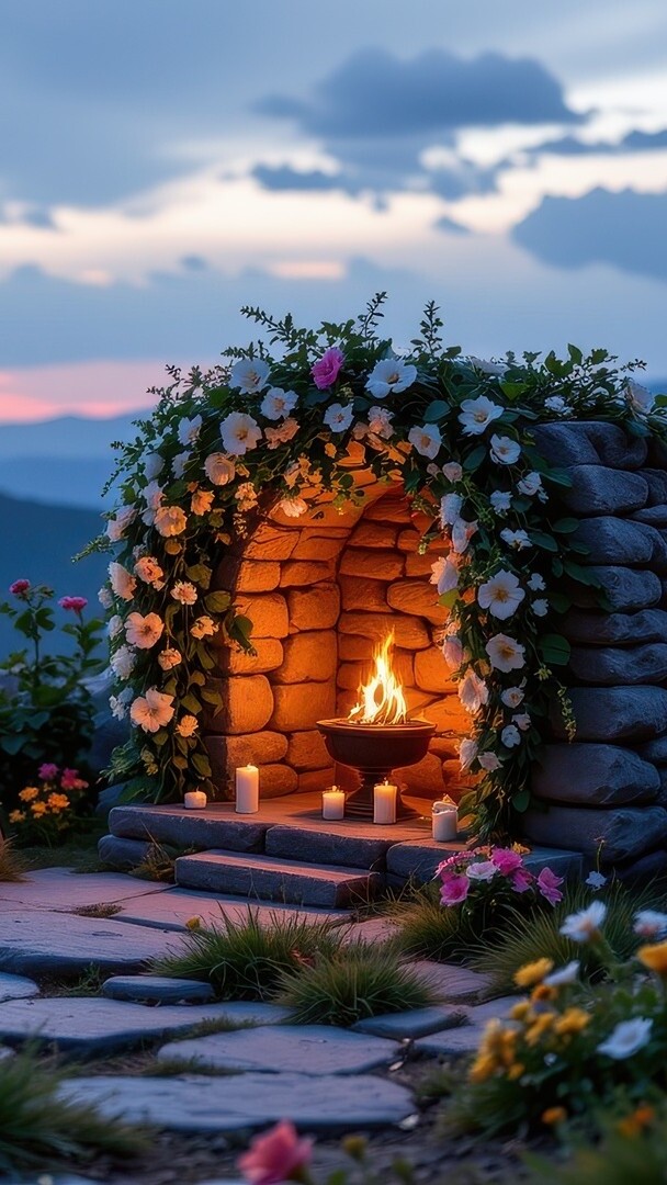 Płonący znicz i pnące kwiaty na murowanej kapliczce