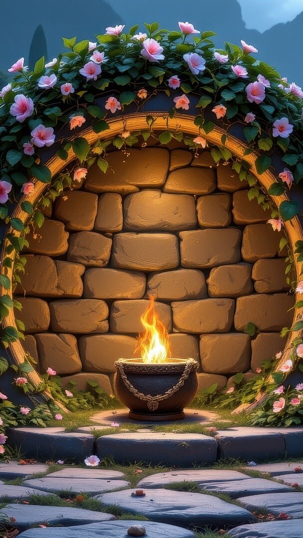 Płonący znicz przed murowaną budowlą otoczoną pnącymi kwiatami