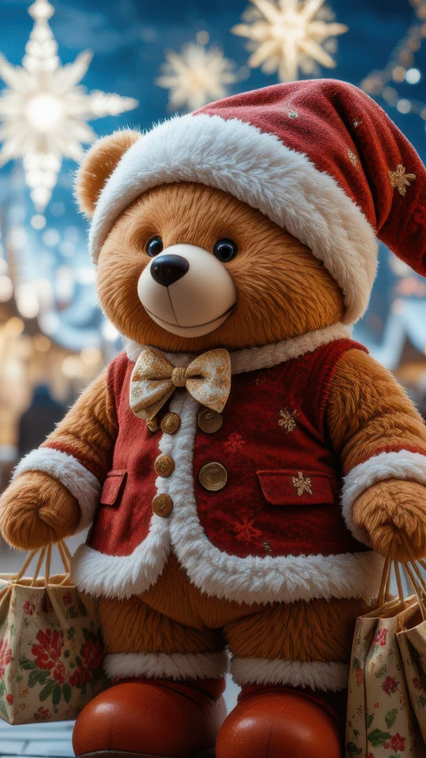 Pluszowy miś w czapce Mikołaja i kożuszku z prezentami w torbach