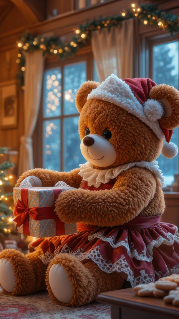 Pluszowy miś w czapce Mikołaja i sukience z prezentami na tle okien