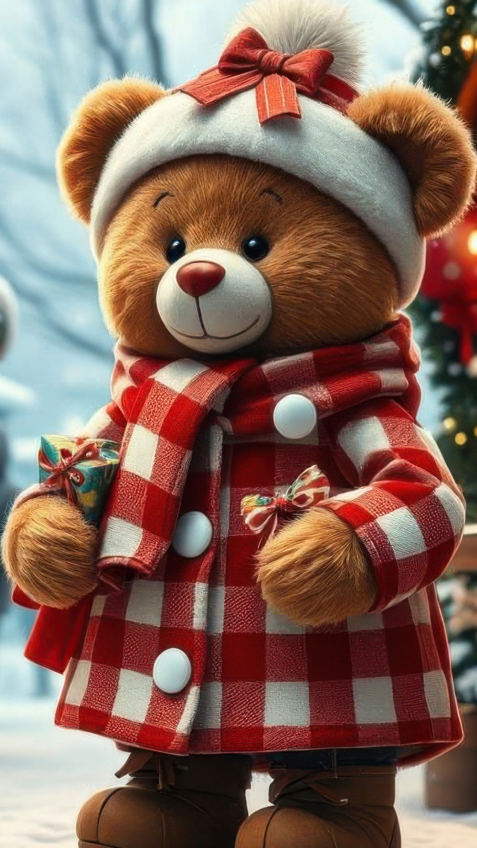 Pluszowy miś w czapce z kokardą i kraciastym płaszczyku