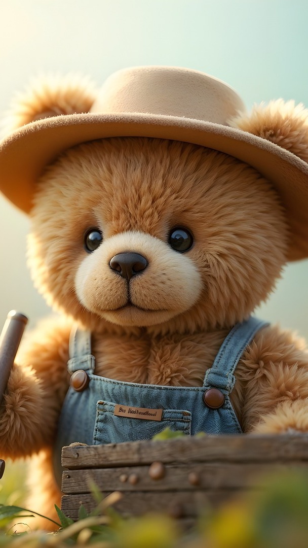 Pluszowy miś w kapeluszu i ogrodniczkach