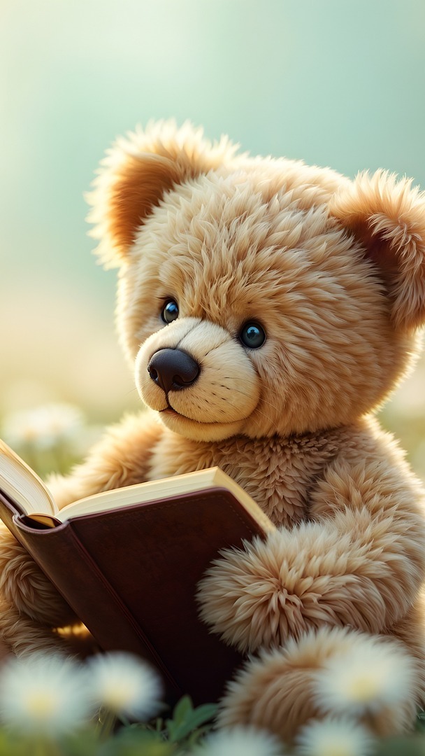 Pluszowy miś z książką na łące