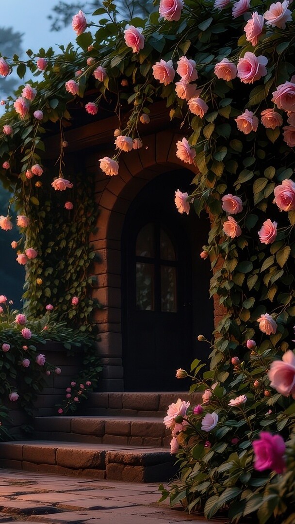 Pnące różowe róże na murze w ogrodzie