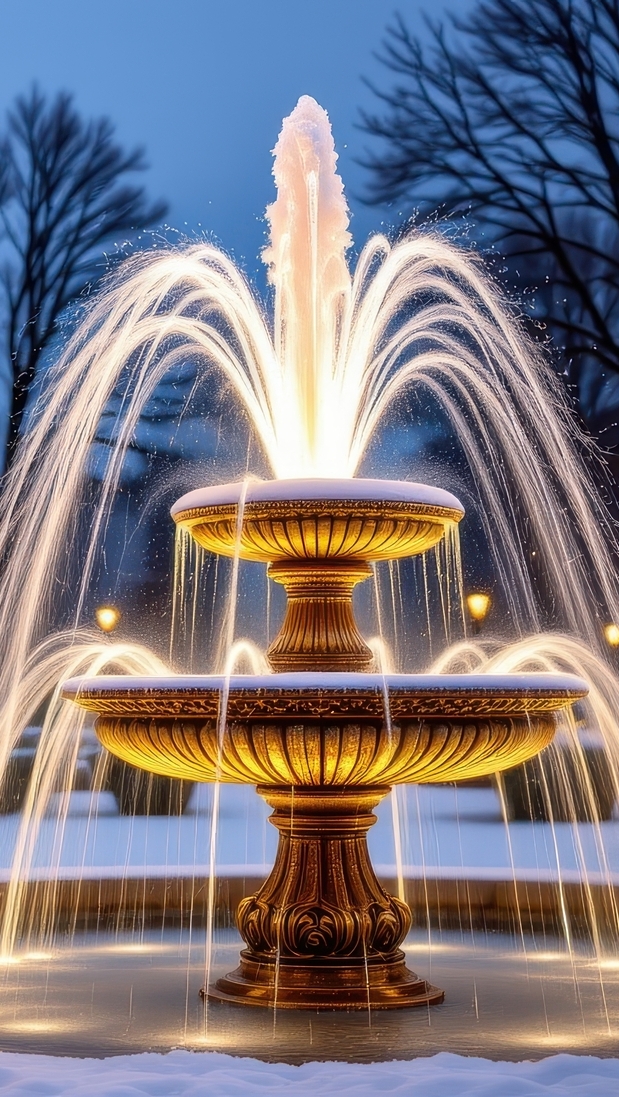 Podświetlona fontanna w parku zimową porą