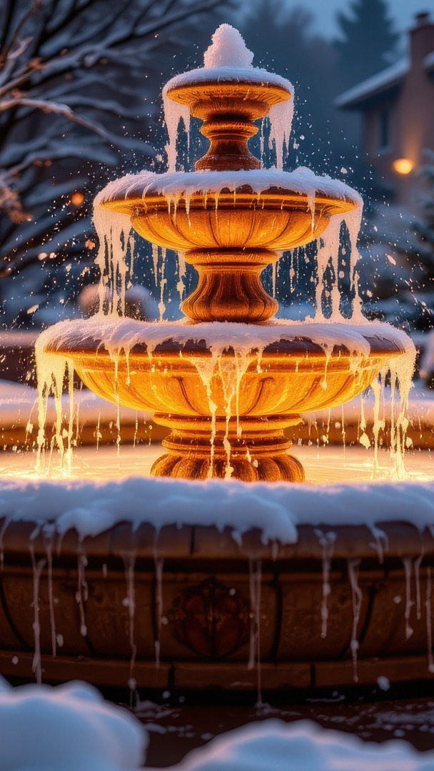 Podświetlona fontanna w zimowej scenerii