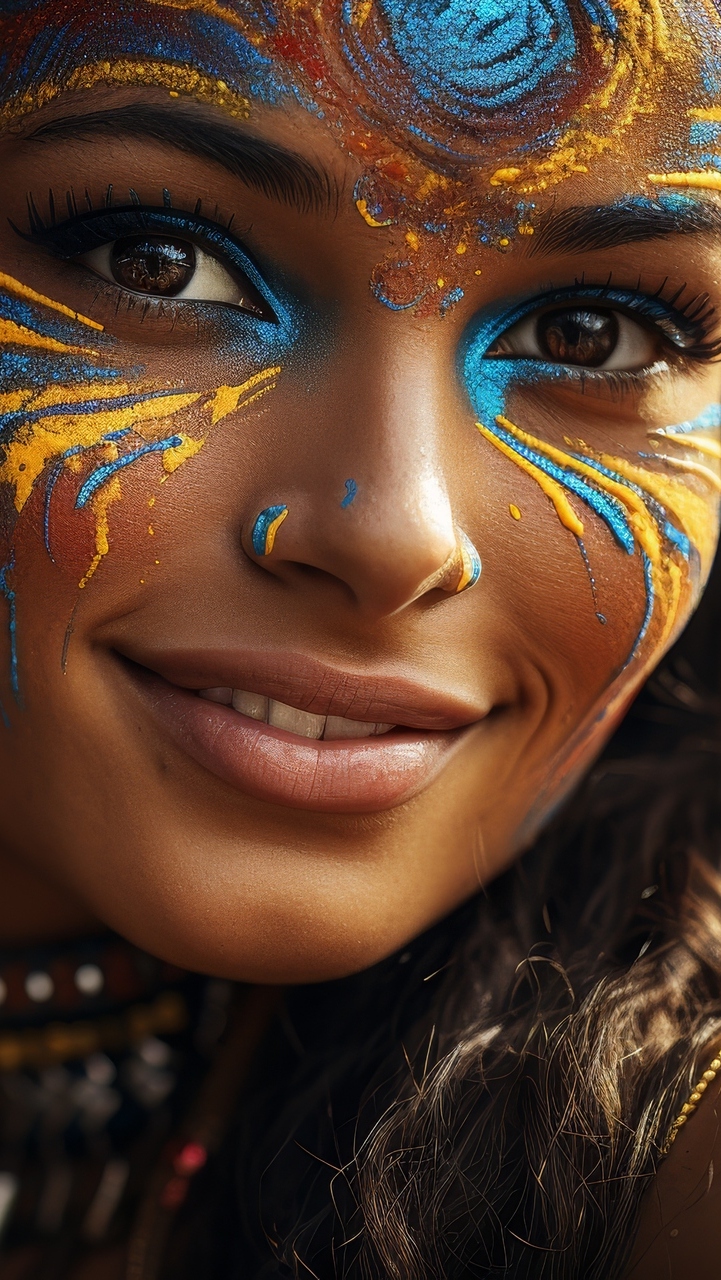 Pomalowana twarz uśmiechniętej kobiety