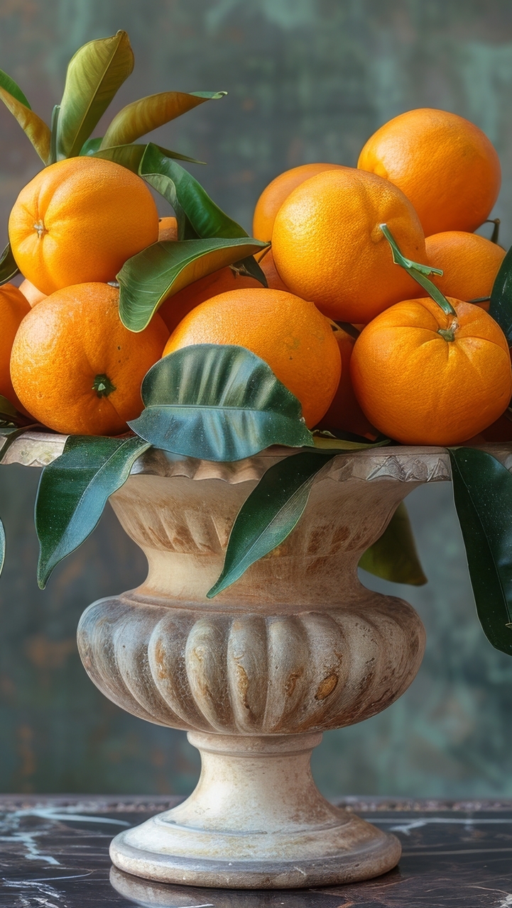 Pomarańcze z listkami w wazie