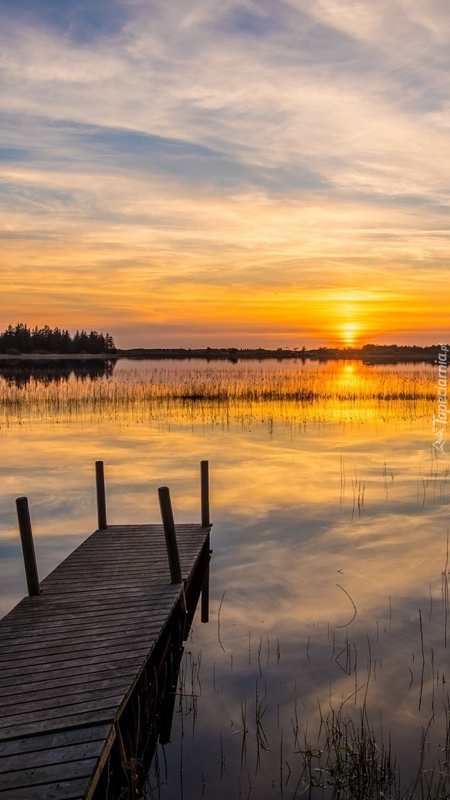 Pomost nad jeziorem o poranku