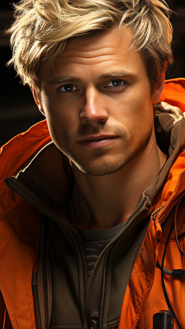 Portret młodego mężczyzny w pomarańczowej kurtce