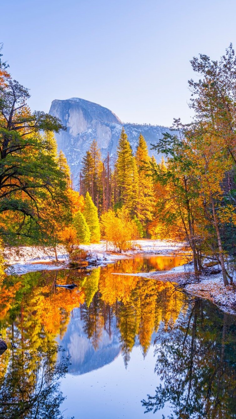 Pożółkłe jesienne drzewa i góry odbicie w rzece w Parku Narodowym Yosemite