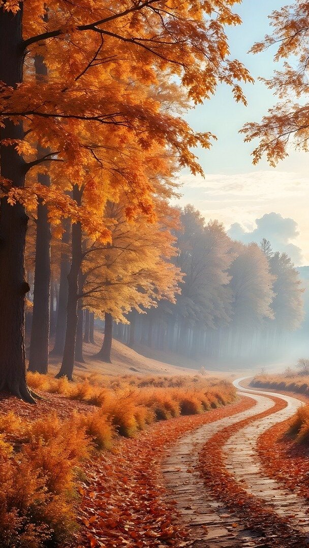 Pożółkłe jesienne drzewa przy leśnej drodze