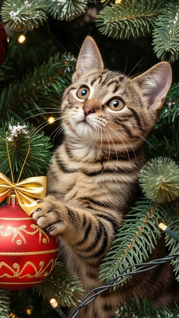 Pręgowany kot i bombka wśród świerkowych gałązek na choince