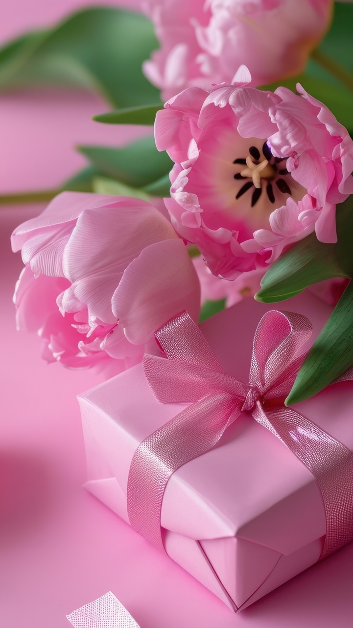 Prezent i różowe tulipany