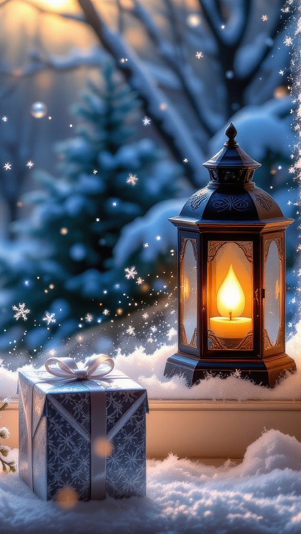 Prezent obok zapalonego lampionu na śniegu