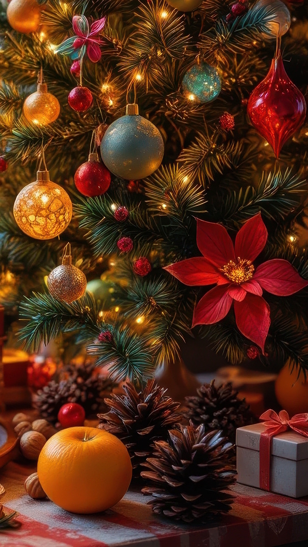 Prezenty i szyszki pod udekorowaną choinką