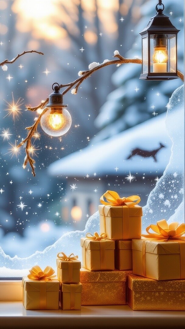 Prezenty na okiennym parapecie w zimowej scenerii