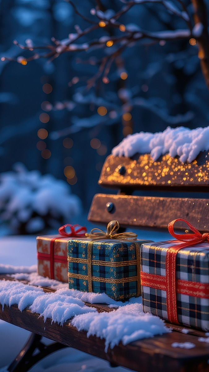 Prezenty na ośnieżonej ławce