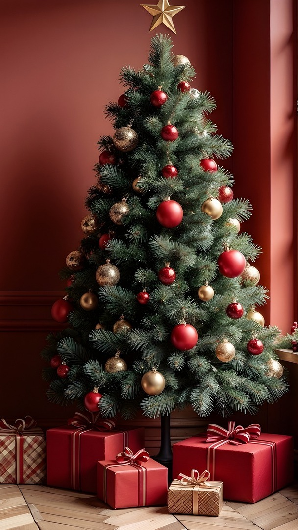 Prezenty pod choinką udekorowaną bombkami w pokoju