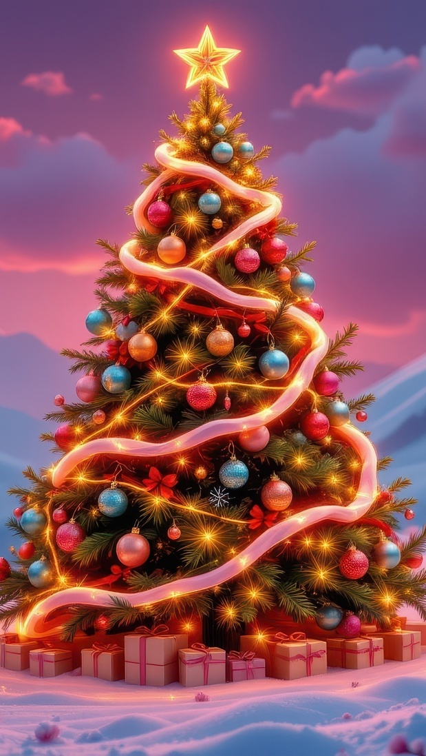 Prezenty pod rozświetloną choinką na śniegu