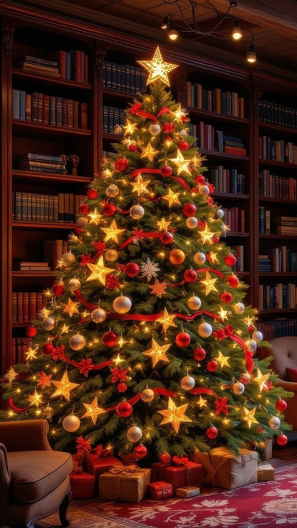 Prezenty pod udekorowaną choinką obok regału z książkami