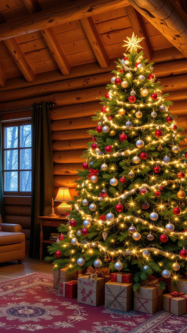 Prezenty pod udekorowaną choinką przy oknie w pokoju