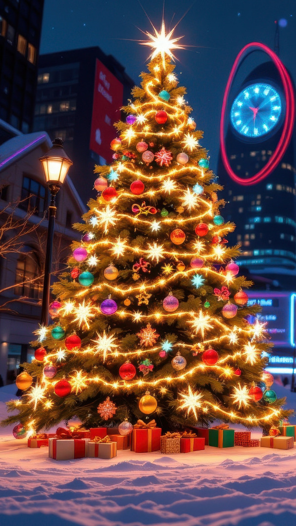 Prezenty pod udekorowaną choinką przy zaśnieżonej ulicy