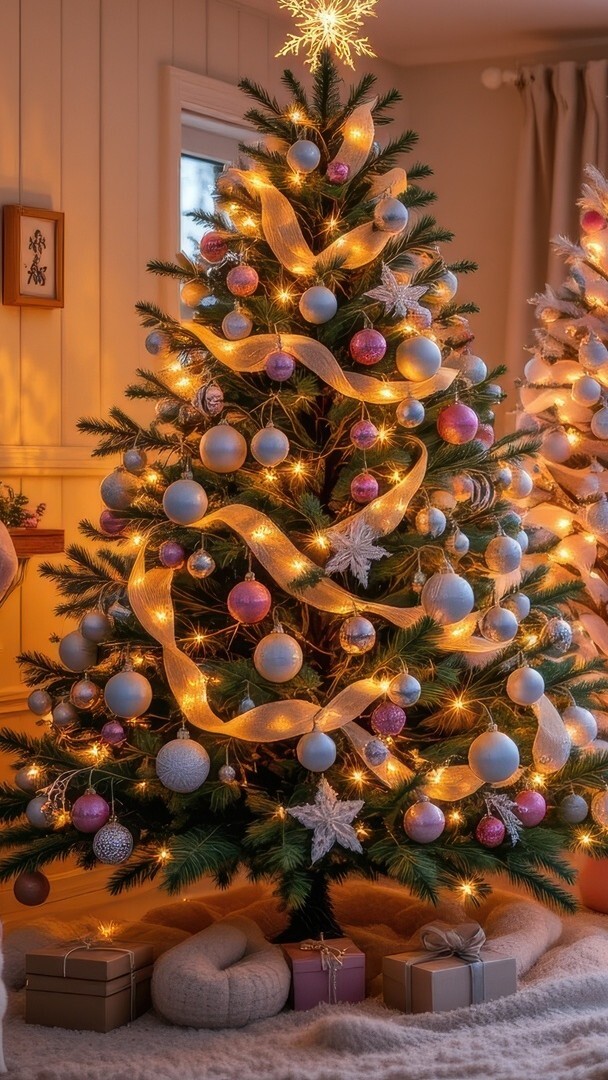 Prezenty pod udekorowaną choinką w salonie