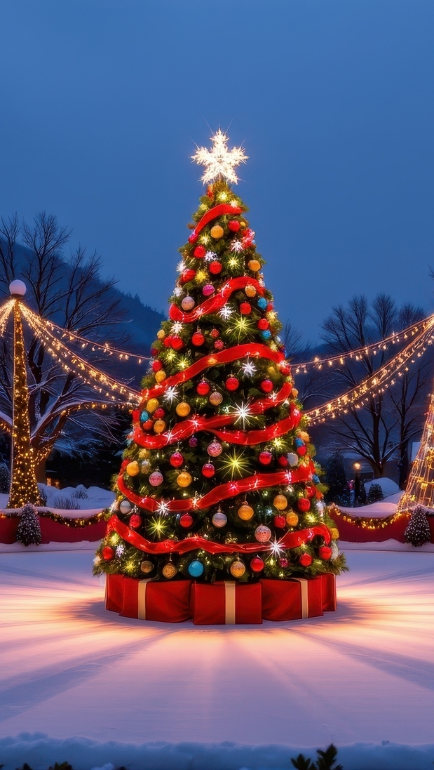 Prezenty pod udekorowaną choinką z gwiazdą na lodowisku