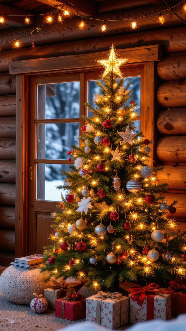 Prezenty pod udekorowaną i oświetloną choinką na tarasie