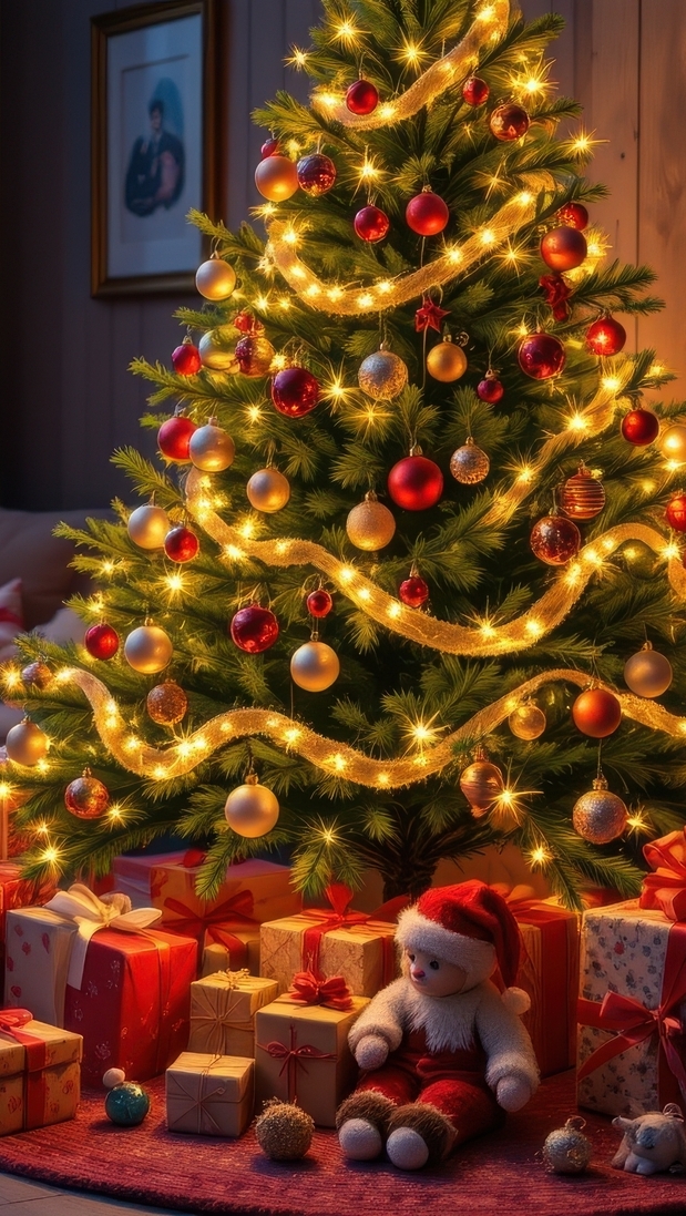 Prezenty pod udekorowaną i oświetloną choinką w salonie