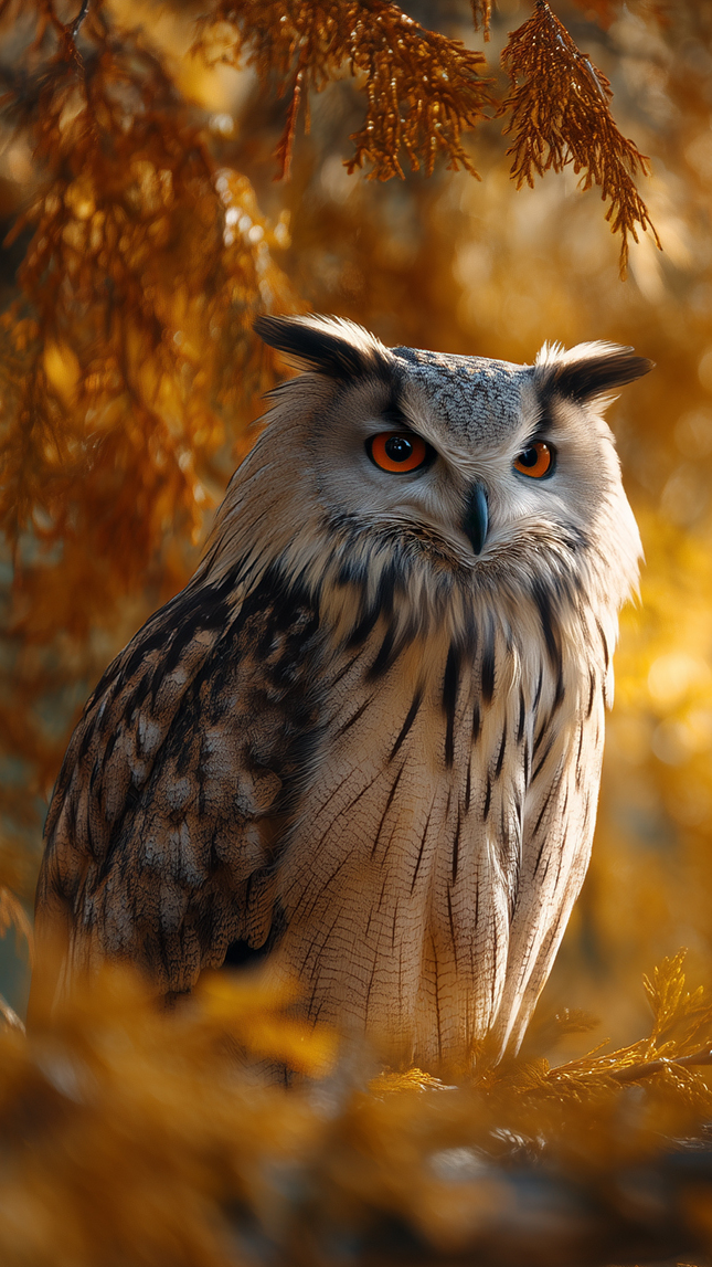 Puchacz na gałęzi drzewa iglastego