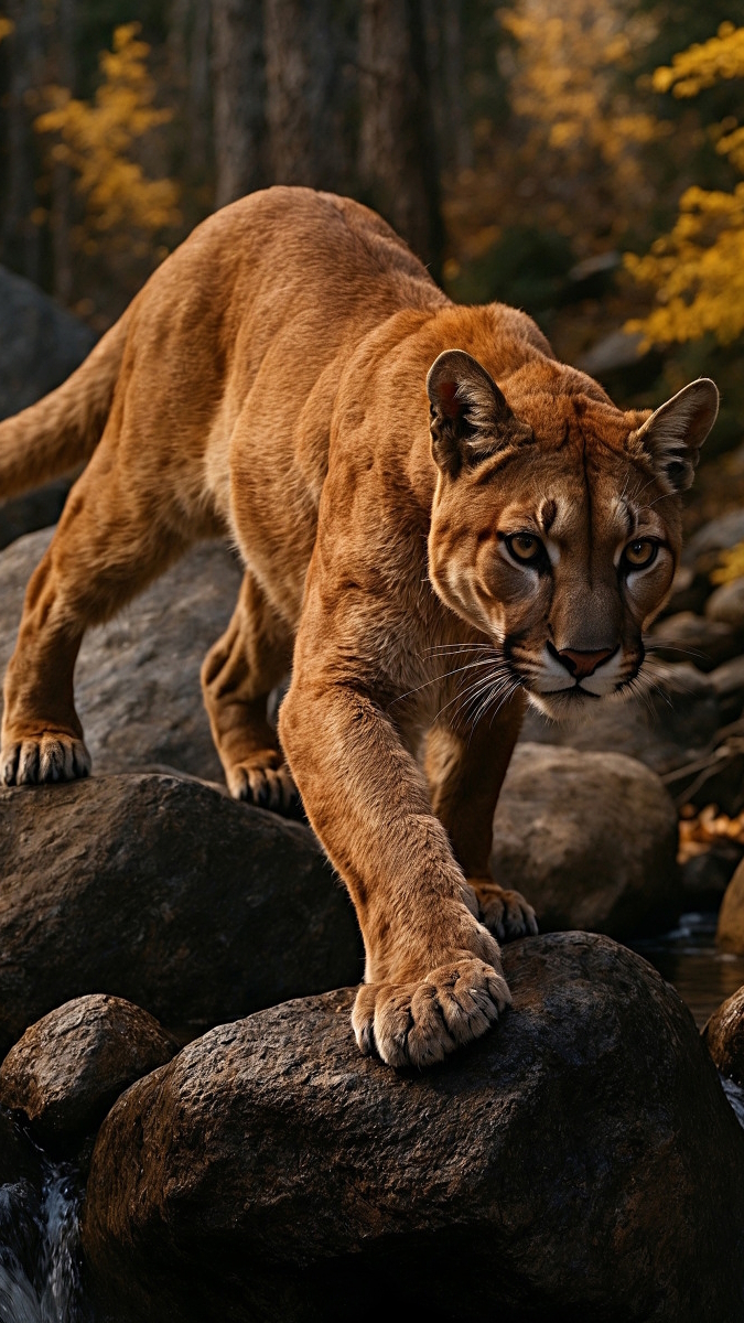Puma idąca po kamieniach na tle lasu