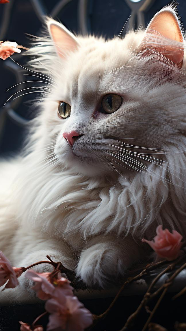 Puszysty biały kot z łapą na ukwieconej gałązce