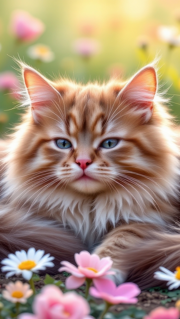 Puszysty rudo-biały kot leżący obok kwiatów