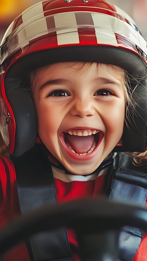 Radosne dziecko w kasku za kierownicą