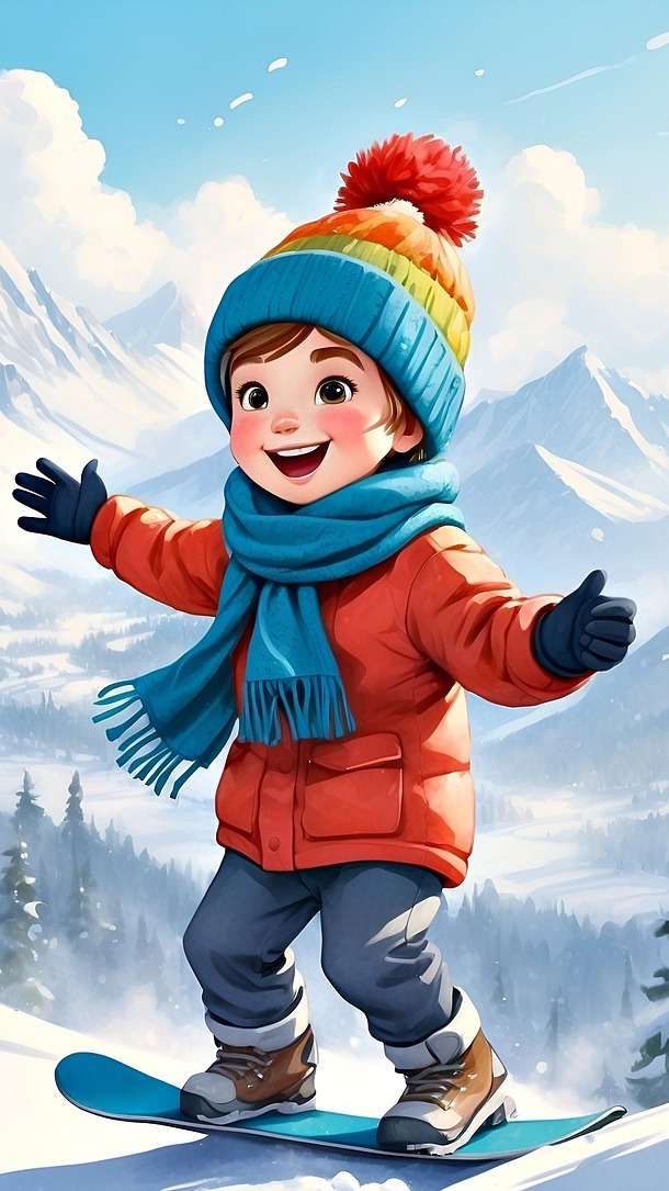 Radosny chłopiec na desce snowboardowej