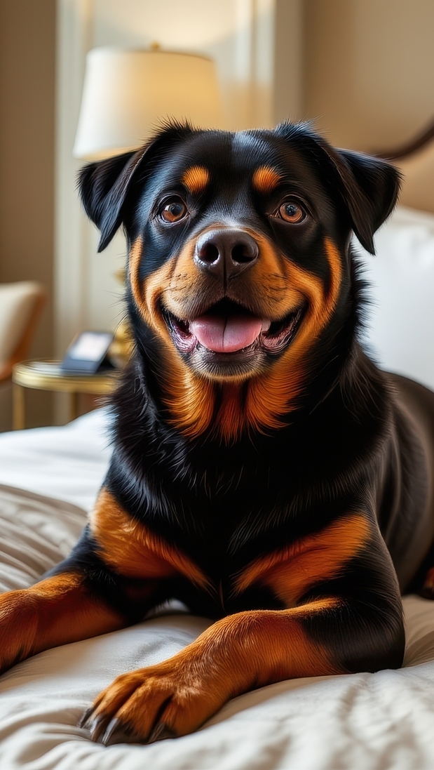 Rottweiler leżący na łóżku