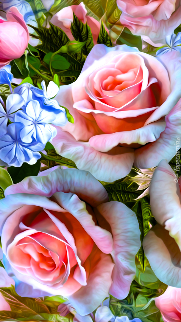 Róże i niebieskie kwiatki