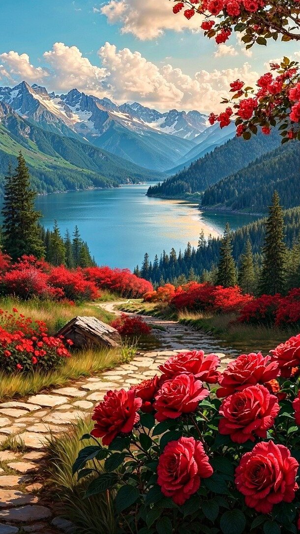 Róże przy kamiennej drodze nad jezioro w górach